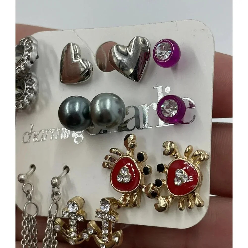 Set Of 9 Charming Charlie Mixed Metal Stud & Dangle Earrings With Crab Anchor & - Picture 4 of 7
